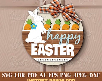 Happy Easter Door Hanger Svg Cut Files, Bunny Door Sign SVG Digital Download, Easter Bunny Welcome Sign Round Door Hanger SVG, Easter SVG