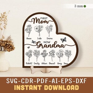 誕生月の花ママハートサイン SVG レーザーカットファイル、初めてのママ、今おばあちゃんスタンド SVG、母の日レーザーカットファイル デジタルダウンロード