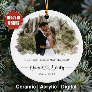 Personalized Our First Christmas Married Photo Ornaments, Just Married Anniversary Keepsake Gifts For Newlywed Couples, Wedding Ornaments
