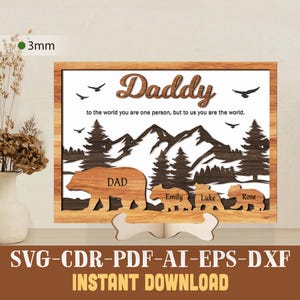 Personnalisé père ours famille SVG fichier découpé au laser 3D scène de montagne en couches papa cadeau téléchargement numérique pour Glowforge et Cricut