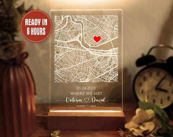 Personalized Anniversary Gifts Where We Met Map Night Light Our First Date Gift, 1st Anniversary Gift Valentine Gift Wedding Engagment Gift