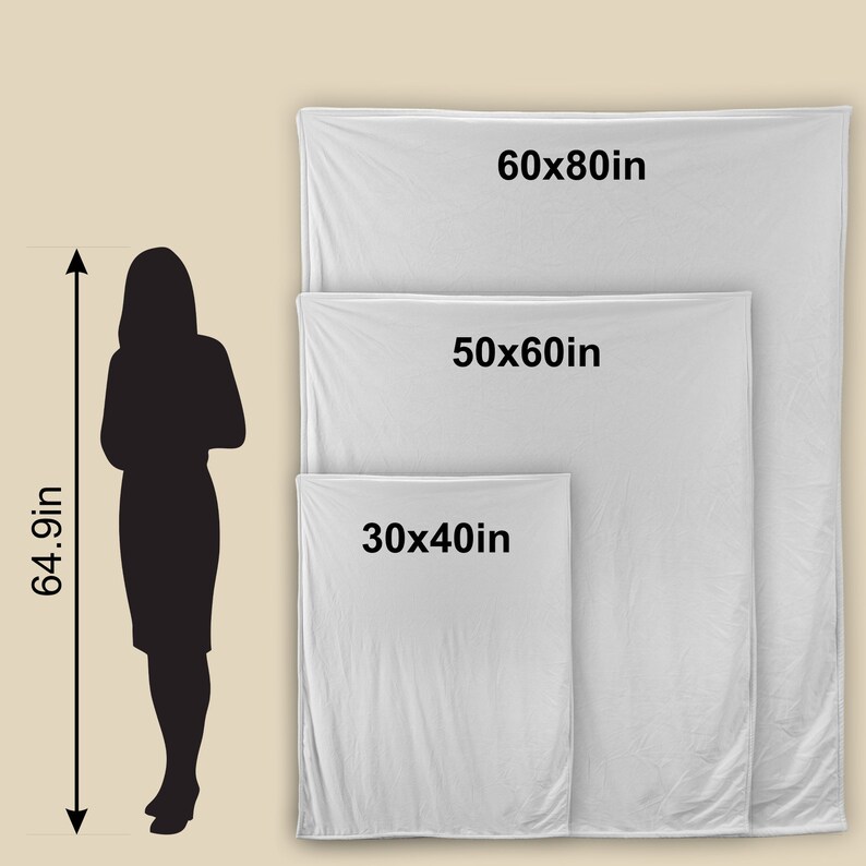 Op de afbeelding: Drie verschillende maten witte dekens worden getoond met afmetingen in inches. De grootste deken is 60x80 inch, de middelste deken is 50x60 inch en de kleinste deken is 30x40 inch.