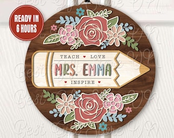 Personalized Teacher Door Sign Pencil Floral Classroom Decor Custom Name Gift for Teachers Back to School