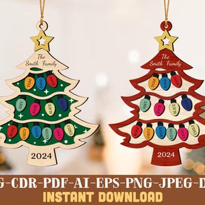 Ornamento per albero di Natale di famiglia SVG tagliato al laser, Ornamento per famiglia SVG, File di taglio per ornamento per albero genealogico SVG, Ornamento con nome di membro di famiglia grande SVG