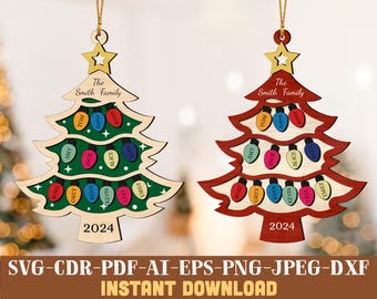 Family Christmas Tree Ornament SVG Laser Cut, Family Ornament Svg, Family Tree Ornament Svg Cut File, Large Family Member Name Ornament SVG