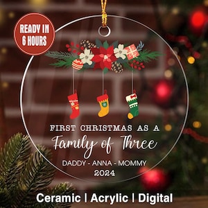 Personalized Ornament with Family Of Three, Family of Three Christmas Ornament, Baby&#39;s First Christmas Ornament, Family First Christmas Gift