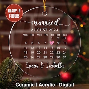 Personalized Just Married Christmas Ornaments, First Xmas Newlywed Keepsake Gift For Couple With Name And Date, Wedding Anniversary Ornament