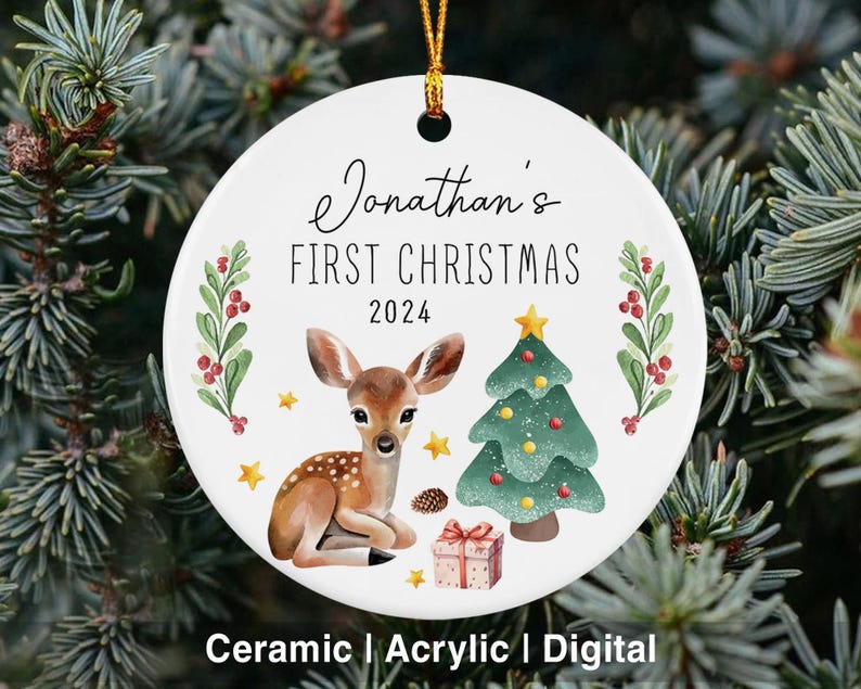 Custom First Baby Name Christmas Reindeer Ornament, Baby 1st Xmas