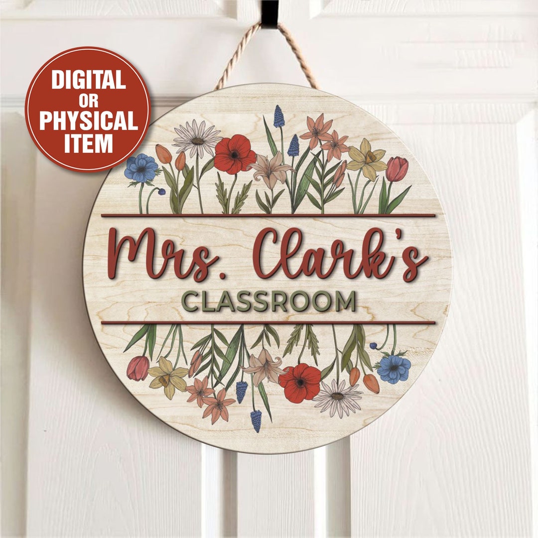 Personalized Teacher Door Sign With Flowers, Teacher Name Door Sign ...