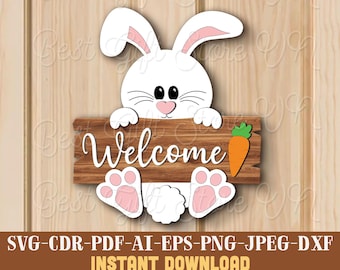 Arquivo de corte de placa de boas-vindas de coelho da Páscoa, placa de porta de Páscoa SVG, arquivos de corte a laser Svg para cabide de porta de coelho, Páscoa Svg, download de placa de porta de coelho da Páscoa