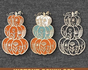 パンプキン SVG レーザー、Glowforge パンプキン SVG、SVG パンプキン ファイル、レーザー ウッド パンプキン、秋の感謝祭の装飾 SVG、花柄の積み重ねられたパンプキン SVG