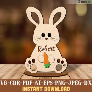 Bunny Carrot Easter Stand lasergesneden SVG-bestanden, Easter Rabbit Stand Svg digitale download, Carrot Bunny Svg, Easter Baby Bunny naam Svg-bestanden