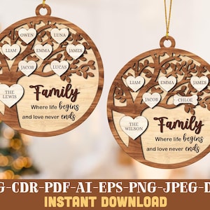 Dove la vita inizia e non finisce mai Ornamenti di famiglia Svg, Nomi di famiglia Ornamento di Natale File tagliati al laser, Albero genealogico Svg, Ornamento di famiglia Svg