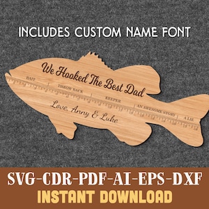 Basvis liniaal SVG laserbestand Vaderdag SVG vismeting plaquette SVG Vaderdag laservissen cadeau voor papa