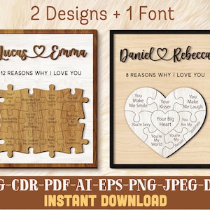 Regalo del Día de San Valentín Razones por las que te amo Rompecabezas Signo SVG Archivo láser Regalo para él Regalo de aniversario SVG para su corte láser de San Valentín