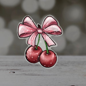 Cherries with Bow Sticker - Cherries - water bottle stickers - waterproof sticker - coquette - bow stickers - coquette stickers  - clear