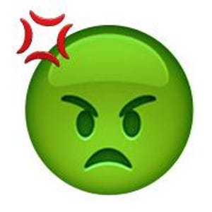May include: Green emoji face with a red angry symbol above it. The emoji has a furrowed brow, angry eyes, and a frowning mouth.