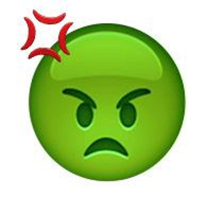 May include: Green emoji face with a red angry symbol above it. The emoji has a furrowed brow, angry eyes, and a frowning mouth.