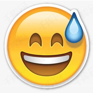 May include: A yellow smiley face emoji with a big grin and closed eyes. A single blue teardrop is on the right side of the face.