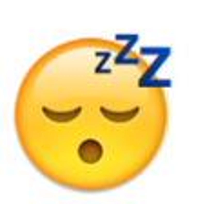 May include: A yellow emoji with closed eyes and a mouth open in a yawn, with two blue z's above the emoji's head.