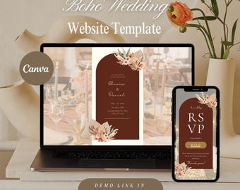 May include: A laptop and smartphone display a wedding website template with a boho theme. The template features a brown arch design with floral accents and the names "Olivia & Daniel." The smartphone shows an RSVP form. The text "Boho Wedding Website Template" is at the top.