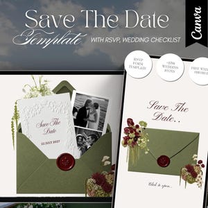 Könnte beinhalten: Eine digitale Save The Date Vorlage auf zwei Bildschirmen, mit einem salbeigrünen Umschlag, rotem Wachssiegel, Blumenakzenten und Fotoeinschub. Der Text lautet Save The Date, 22. Juli 2027, inklusive RSVP-Formular, Hochzeitssymbolen und Checkliste.