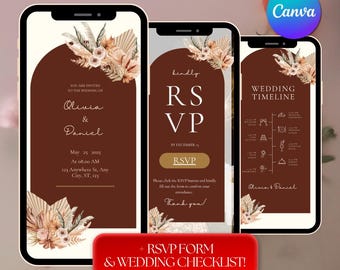 May include: Three smartphones displaying wedding invitation templates. The first screen shows an invitation with the names Olivia & Daniel, date, time, and address. The second screen says RSVP. The third screen shows a wedding timeline. The templates have a brown background with floral accents.