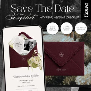 Puede incluir: Una plantilla digital Save The Date mostrada en una pantalla de smartphone y tablet. El diseño presenta un sobre color burdeos oscuro con borde de encaje, una foto de boda y detalles florales. El texto incluye Save The Date Template, RSVP, Wedding Checklist y Lake Como, Italy, 22.07.2027.
