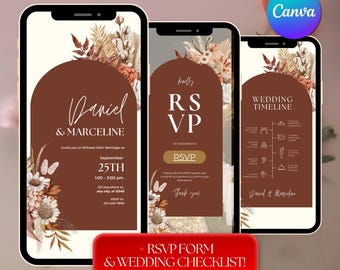 May include: Three smartphones displaying wedding invitation designs. The first screen shows names and event details, the second an RSVP form, and the third a wedding timeline. Floral accents and a brown arch design are featured.
