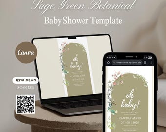 Invitación para baby shower en verde salvia (plantilla editable de Canva)