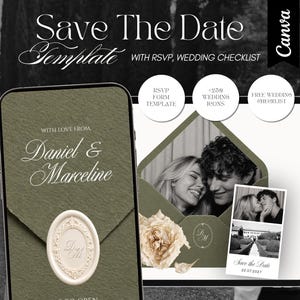 Pode incluir: Um modelo digital de Save The Date exibido em uma tela de smartphone e tablet. O design apresenta um envelope verde-oliva com um selo de cera branco, texto elegante Daniel & Marceline e uma tira de fotos com lista de verificação.