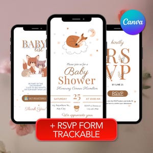 May include: Three smartphones displaying baby shower invitations. The central phone shows a fox on a cloud, the words "Baby Shower," and event details. The other phones show baby-themed graphics and the words "Baby List" and "RSVP." A red banner reads "+ RSVP FORM TRACKABLE."