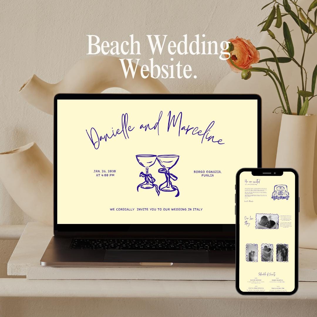 Beach Wedding Website Template Canva Editable Save the Date & RSVP