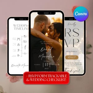 Può includere: Tre smartphone che mostrano contenuti a tema matrimonio. Uno mostra una timeline del matrimonio, un altro presenta una coppia con dettagli del matrimonio e il terzo ha un modulo RSVP. Il testo "Daniel & Marceline" e "RSVP".