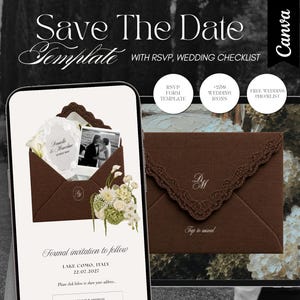 Puede incluir: Una plantilla digital de Save The Date mostrada en la pantalla de un smartphone y una tablet. El diseño presenta un sobre marrón con borde de encaje, una foto de una pareja y detalles florales. El texto incluye Save The Date, RSVP y Wedding Checklist.
