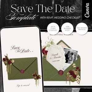 Puede incluir: Una plantilla digital Save The Date mostrada en una pantalla de smartphone y tablet. El diseño presenta un sobre verde oliva con un sello de cera, detalles florales y texto que dice Save The Date, Danielle & Marceline y 22 July 2028.