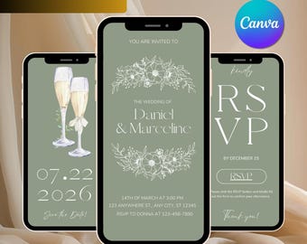 Convite para Casamento em Verde Sage: RSVP Digital e Registro (Modelo Canva)