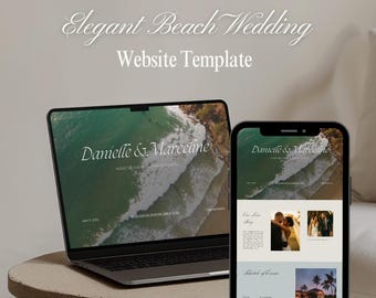 May include: A laptop and smartphone displaying a beach wedding website template. The laptop screen shows a beach scene with the names "Danielle & Marceline." The smartphone showcases website sections. Text reads "Elegant Beach Wedding Website Template."