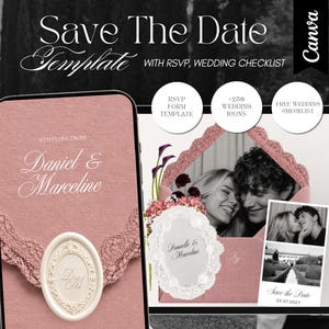 Plantilla web para anunciar la fecha de la boda con encaje floral rosa, invitación RSVP editable en Canva.