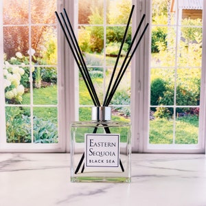 May include: A clear glass diffuser bottle with black reeds and a white label that reads "Eastern Sequoia Black Sea".