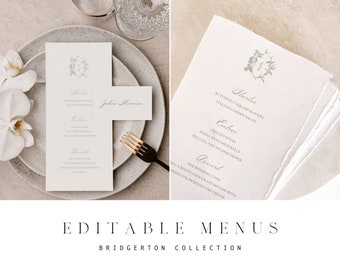 Ensemble de papeterie pour menu de mariage DIY | Modèle de menu de mariage modifiable en filigrane et botanique, logo de mariage, monogramme