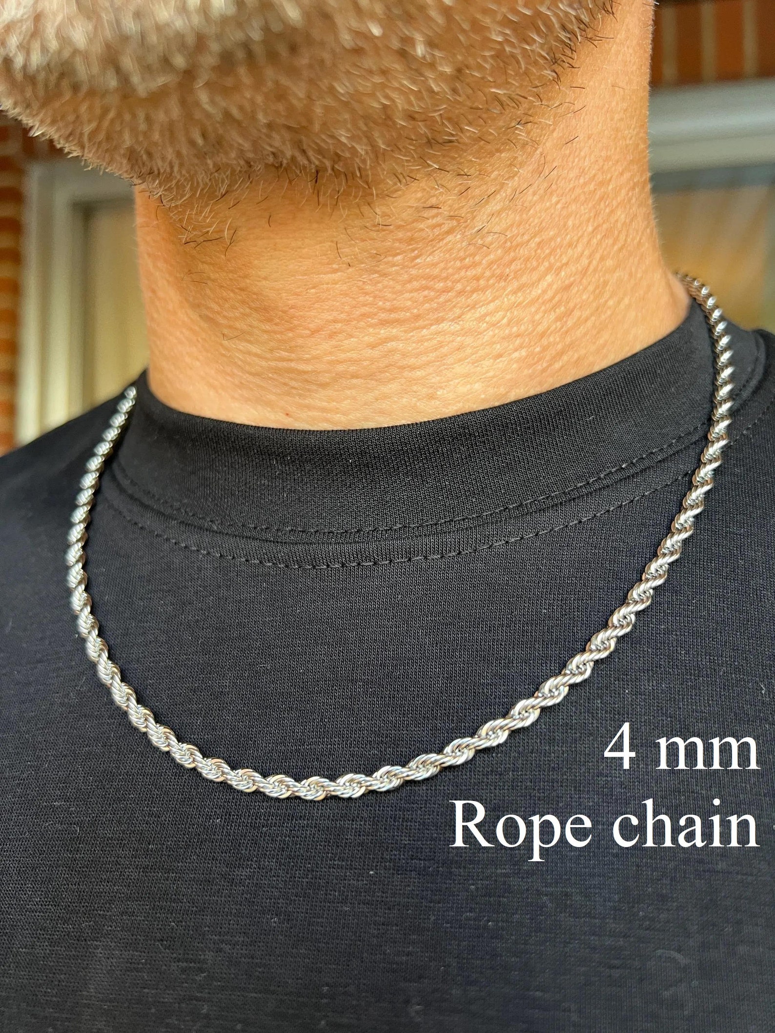 Men's Necklace. Rope Chain. Hypoallergenic Stainless Steel. Silver-tone ...