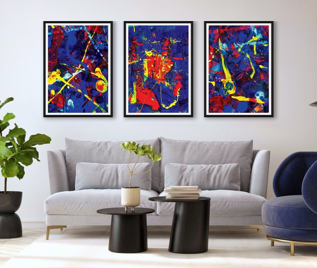 Modern Print Set Dark Blue Abstract Art Set of 3 Prints, Colorful Wall ...