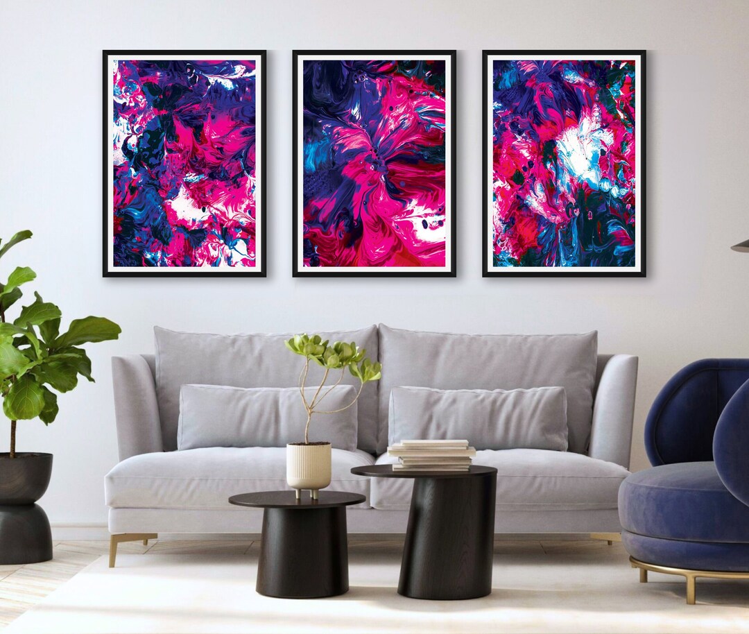 Trendy Set of 3 Pink Blue Art Set, Printable Prints Set Pink Abstract ...