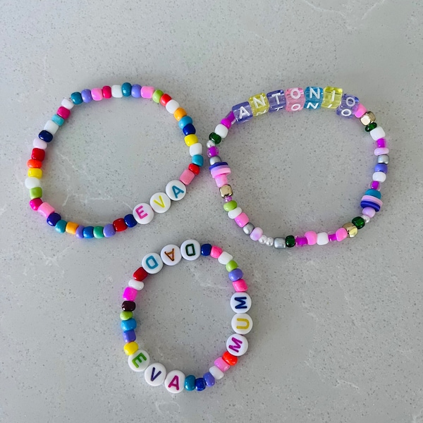 Personalised bead bracelet - made with love by a 4yo who loves learning to spell & putting different colours together! All are one of a kind