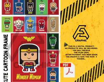 Puede incluir: Un conjunto digital imprimible de 16 ilustraciones de personajes de superhéroes de dibujos animados lindos en una cuadrícula colorida. Los personajes incluyen Iron Man, Capitán América, Batman, Joker, Thor, Rafael, Harley Quinn, Wolverine, Spiderman, Groot, Wonder Woman, Hulk, Flash y Superman. El texto "CUTE CARTOON FRAME" está en el lado izquierdo de la imagen. El texto "GRAPHIC" está en el lado derecho de la imagen. El texto "THIS IS A DIGITAL PRODUCT. NO PRODUCTS WILL BE DELIVERED. YOU WILL RECEIVE THE FILES (PDF) AFTER PAYMENT HAS BEEN MADE. YOU ENJOYS & GIVE THE RATE!! THANKS.." está en el lado derecho de la imagen.