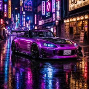 May include: A metallic purple convertible sports car with a black hood, rear wing, and dark wheels. The car features a front license plate reading Osaka 330 55-20, blue headlights, and various sponsor decals along the side panels on a wet city street.