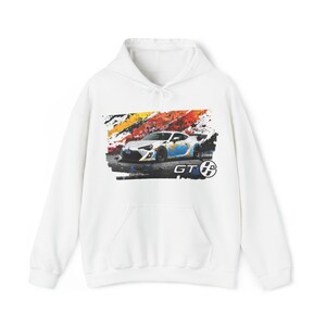 May include: White hoodie with a colorful graphic print of a white sports car with the text "GT" and a logo on the front.