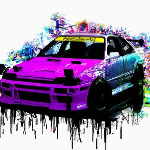 May include: A striking artistic depiction of a sports car, predominantly purple with blue and black details. The image features a spoiler and paint splatter effects against a white backdrop. The artwork is signed "Motiv8 artworks".