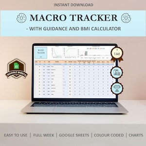 Macro Tracker | Calorie and Nutrition Tracking | Meal Database | BMI Calculator | Google Sheets | Instant Download
